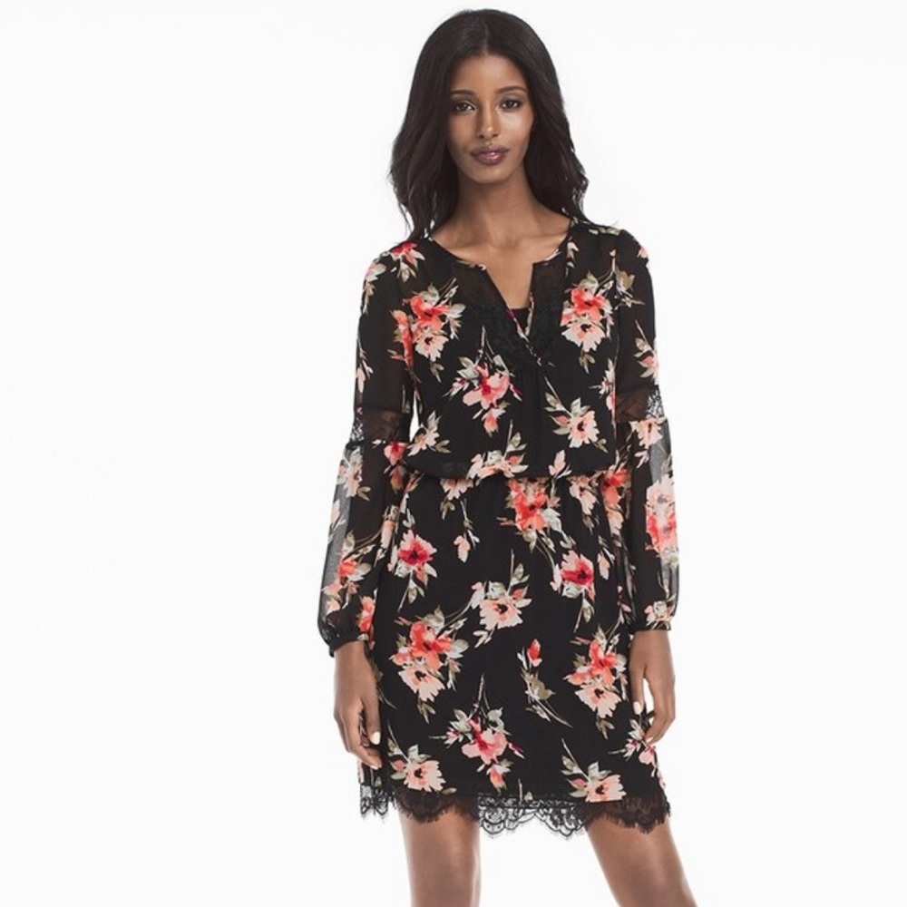 White House Black Market Long-Sleeve Lace Inset Floral Print black Dress size 8